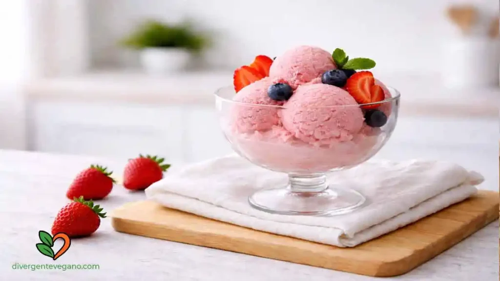 Helado vegano de fresa cremoso (sin máquina de hacer helados)